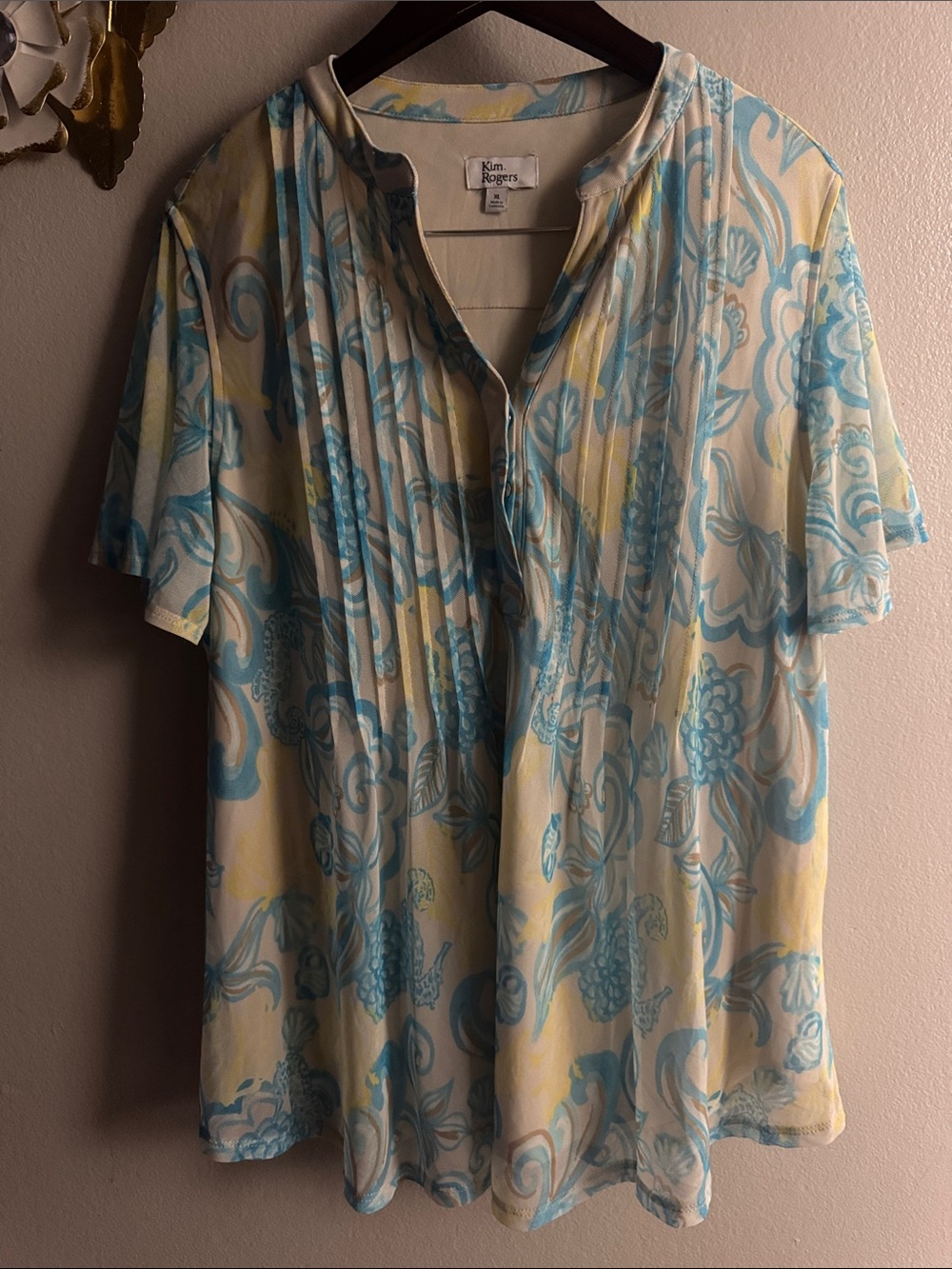 Kim Rogers Blue and Yellow Floral Pintuck Short Sleeve Blouse